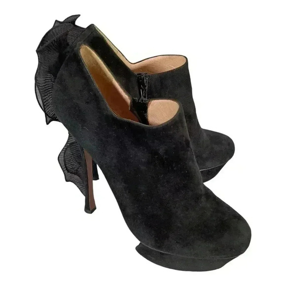 Nicholas Kirkwood Bootie Ankle Heels Shoes Ruffle Platform Black Suede 40/US 10 - Picture 5 of 11